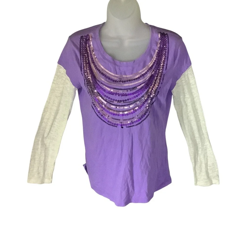 Justice Girls Long Sleeve Purple‎ Shirt Size 18 Sequined Front White Sleeves